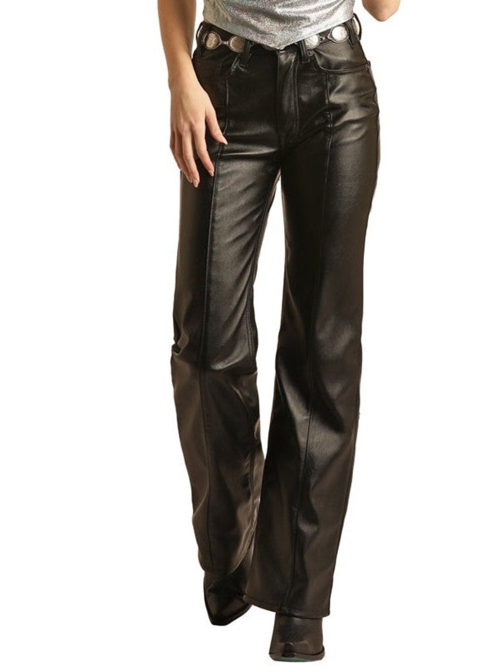 Rock & Roll Denim Black Faux Leather Flared Leg High Rise Pants